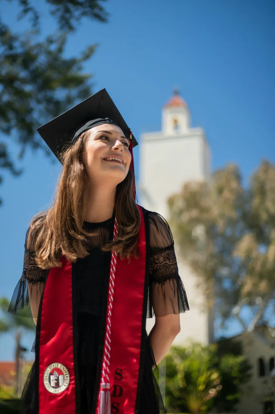Students walking through university gates at graduation